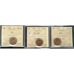 1940, 1947ML & 1952 1¢ ICCS MS65RD.  Lot of 3 coins.