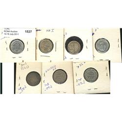 Nfld 10¢ lot, 1865, 1890, 1894, 1896, 1940, 1941c (2), lot of 7 pieces.  Grades vary from VG-8 to EF