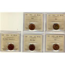 1941(2) 1¢, 1951, 1954 SF & 1954 SH Hanging 4 ICCS MS64RD.  Lot of 5 coins.