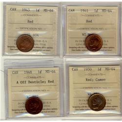 1941, 1945, 1950 Cameo & 1948 A Off 1¢ ICCS MS64RD.  Lot of 4 coins.