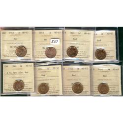 1942 1¢, 1943, 1944, 1946, 1948 A To, 1950, 1951 & 1952 ICCS MS63RD.  Lot of 8 coins.