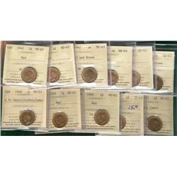 1942(3), 1943(2), 1946, 1947, 1948 A to & 1950(4) ICCS MS63.  Lot of 12 coins mostly Red and a coupl