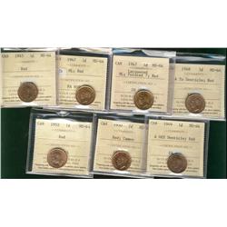 1945 1, 1947ML, 1947ML Ptd, 1948 A To, 1949 A Off, 1950 & 1952 ICCS MS64RD.  Lot of 7 coins.