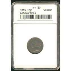 Nfld 1885 10¢ ANACS VF30.  Darkish shades with nice strike.