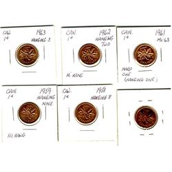 Lot of 1¢ varieties with hanging last numbers, includes 1953, 1958, 1959, 1961, 1962 & 1963.  Lot of