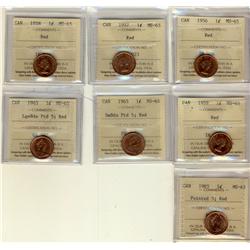 1956 1¢, 1957, 1958, 1959, 1965 SmBds Ptd, LgBds Ptd & 1985 Ptd 5 ICCS MS65RD.  Lot of 7 coins.