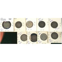 Nfld 20¢ & 25¢ lot, 1865, 1872H, 1881, 1894, 1896 (3), 1899 Lg, 1917c, lot of 9 pieces.  Grades vary