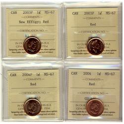 2003P, 2003 New Eff, 2004 & 2004P ICCS MS67RD.  Lot of  4 coins