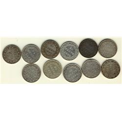 Nfld 1881 20¢, 1885, 1888, 1890, 1894 Obv 1, Obv 2, 1896 Lg, Sml, 1899 Hook, Large & 1900.  Lot of 1