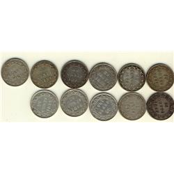 Nfld 1881 20¢, 1885, 1888, 1890, 1894 Obv 1, Obv 2, 1896 Lg, Sml, 1899 Hook, Large & 1900.  Lot of 1