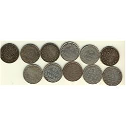 Nfld 1881 20¢, 1885, 1888, 1890, 1894 Obv 1, Obv 2, 1896 Lg, Sml, 1899 Hook, Large & 1900.  Lot of 1