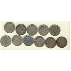 Nfld 1881 20¢, 1885, 1890, 1894 Obv 1(2), Obv 2, 1896 Lg, 1899 Hook, Large & 1900(2).  Lot of 11 coi
