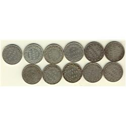 Nfld 1881 20¢, 1885, 1890, 1894 Obv 1(3), 1896 Lg, 1899 Hook(2), Large & 1900(2).  Lot of 11 coins,