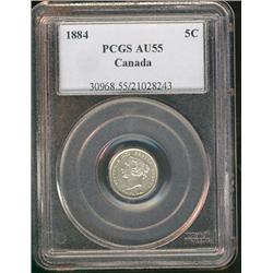 1884 5¢ PCGS AU55.  Full white with nice lustre.