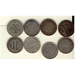 Nfld 1888 20¢, 1890, 1894 Obv1, Obv2, 1896 Lg6, Sm6, 1899 Lg & 1900.  Lot of 8 coins all VF or bette