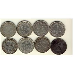 Nfld 1888 20¢, 1890, 1894 Obv1, Obv2, 1896 Lg6, Sm6, 1899 Lg & 1900.  Lot of 8 coins all VF or bette