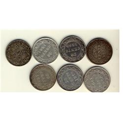 Nfld 1888 20¢, 1890, 1894 Obv 1, Obv 2, 1899 Hook, Large & 1900.  Lot of 7 coins all VF or better.