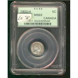 1903 5¢ PCGS MS63.  Looks like Lg H even though no designation is available on holder.