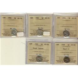 1903 5¢, 1904, 1906, 1908 Sml & 1909 RL ICCS AU50.  Lot of 5 coins.