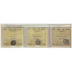 1903 5¢, 1906 & 1919 ICCS MS60.  Lot of 3 coins.