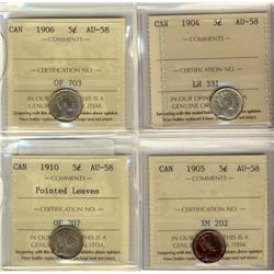 1904 5¢, 1905, 1906 & 1910 Ptd Lvs ICCS AU58.  Lot of 4 coins.