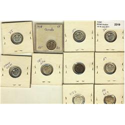 1912, 1913, 1914, 1915, 1916, 1917, 1918 (2), 1919, 1920 5¢, lot of 10 pieces.  Grades vary from AU-