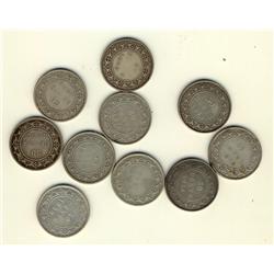 Nfld 1870 50¢, 1872H, 1873, 1874, 1876H, 1880, 1881, 1882H, 1885 & 1888.  Lot of 10 coins all Good t