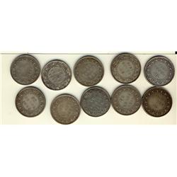 Nfld 1870 50¢, 1872H, 1873, 1874, 1876H, 1880, 1881, 1882H, 1885 & 1888.  Lot of 10 coins all Good t