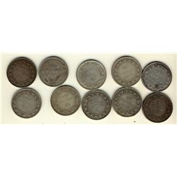 Nfld 1870 50¢, 1872H, 1873, 1874, 1876H, 1880, 1881, 1882H, 1885 & 1888.  Lot of 10 coins all Good t