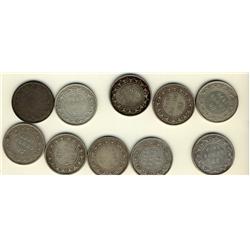 Nfld 1870 50¢, 1872H, 1873, 1874, 1876H, 1880, 1881, 1882H, 1885 & 1888.  Lot of 10 coins all Good t