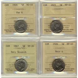1925 5¢, 1947 Dot VF20, 1926 Far VG & 1926 Nr EF40.  Lot of 4 ICCS coins.  1947 Dot designated with 