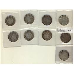 Nfld 1872H 50¢, 1873, 1874, 1882H, 1894, 1896, 1898, 1899 N9 & 1900.  Lot of 9 coins all F+ and bett