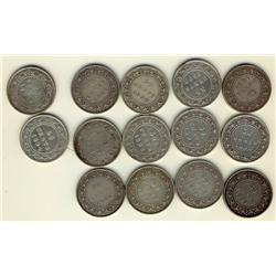 Nfld 1873 50¢, 1874, 1876H, 1880, 1882H, 1885, 1888, 1894, 1896, 1898(3), 1899(2) & 1900.  Lot of 15