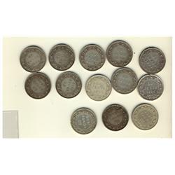 Nfld 1874 50¢, 1881, 1882H, 1885, 1888, 1894, 1896, 1898(3), 1899(2) & 1900.  Lot of 13 coins all Fi