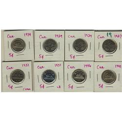 1927, 1929 (2), 1939, 1941, 1946, 1951 LR, 1951 Comm 5¢, lot of 8 pieces.  Grades vary from EF-40 to