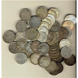 Nfld 1907(5) 50¢, 1908(12), 1909(10), 1911c(6), 1917c(6), 1918c(7) & 1919c(7).  Lot of 53 coins all