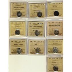 1872H 10¢, 1902 VF30, 1881H, 1898, 1899 Sml 9's, 1904, 1907, 1914 EF, 1901 AU55 & 1919 AU50.  Lot of