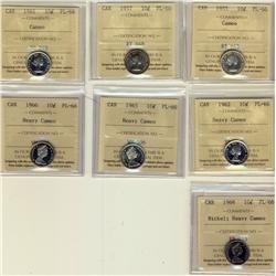 1955 10¢, 1957, 1961, 1962, 1965, 1966 & 1968 Nickel ICCS PL66.  Mixed lot of 7 Cameo and Ultra Heav