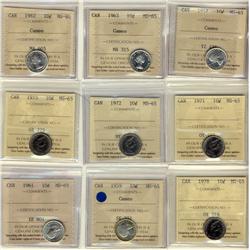 1957 10¢, 1959, 1961, 1962, 1963, 1971, 1972,1973 & 1978 ICCS MS65.  Lot of 9 coins.  Many designate