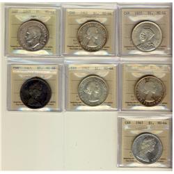 1935 $1, 1949, 1959, 1962, 1963, 1965 LgBds Blt & 1967 ICCS MS64.  Lot of 7 coins.
