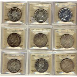 1955 $1, 1959, 1960, 1961, 1962, 1963, 1965 LgBds Blt, SmBds Ptd & 1967 ICCS MS64.  Lot of 9 coins.