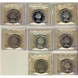 1961 $1, 1963 Hvy Cam PL64, 1961(2), 1962, 1964, 1965 LgBds Blt & LgBds Ptd Cameo ICCS PL65.  Lot of