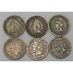 Set of 6 Copper Nickel Indian Head Cents 1859-1864