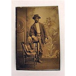 EARLY TIN TYPE PHOTO OF MAN W/ COWBOY HAT AND BOOT