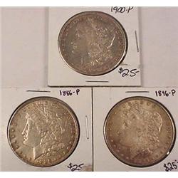 3 MORGAN SILVER DOLLARS - 1900-P, 1896-P AND 1886-