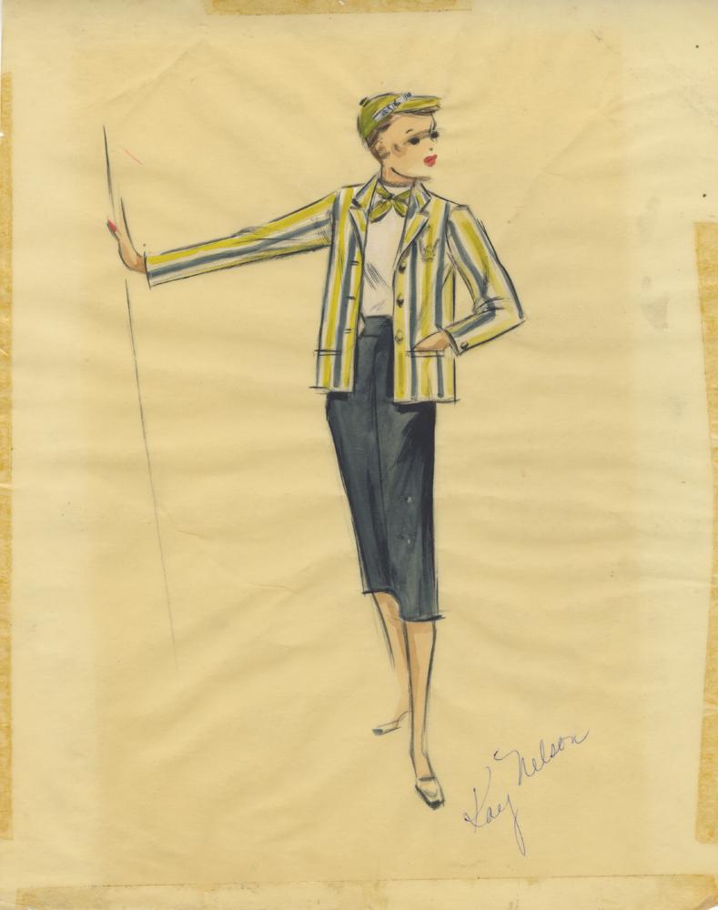 Kay Nelson costume sketch of Leslie Caron for Daddy Long Legs