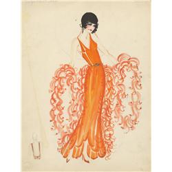 Costume sketch of Evelyn Nesbit Thaw from either The Girl in the Red Velvet Swing or Ragtime