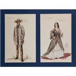Pair of Marjorie Best costume sketches of John Wayne and Ina Balin for The Comancheros