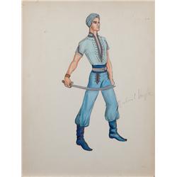 Pair of Michael Woulfe costume sketches of Sally Forrest and Dale Robertson for Son of Sinbad