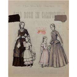 John Truscott costume sketch of pioneer woman and child for Paint Your Wagon